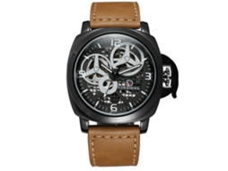 Relógio Automático Masculino Forsining Pulseira de Couro Mostrador Oco Redondo Preto Marrom