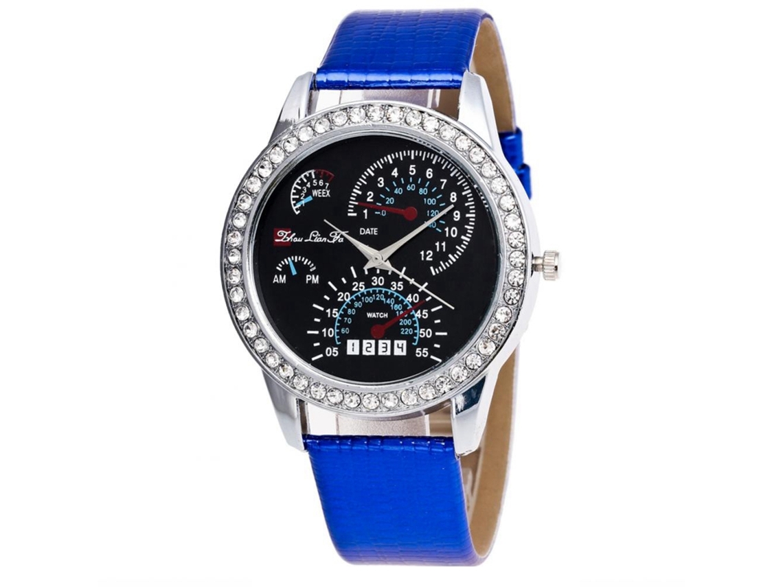 Relógio de pulso Zhoulianfa redondo em couro PU com strass e movimento de quartzo (azul)