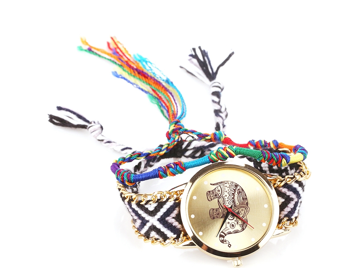 Relógio de Pulso Feminino Vansvar Quartz com Pulseira Tecida À Mão Padrão de Elefante