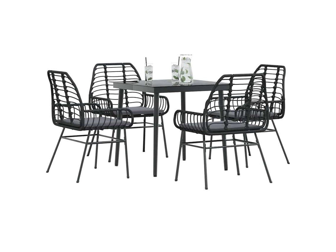 Vidaxl Conjunto De Jantar Jardim 5 Peças Almofadas Vidro Vime Pe Preto