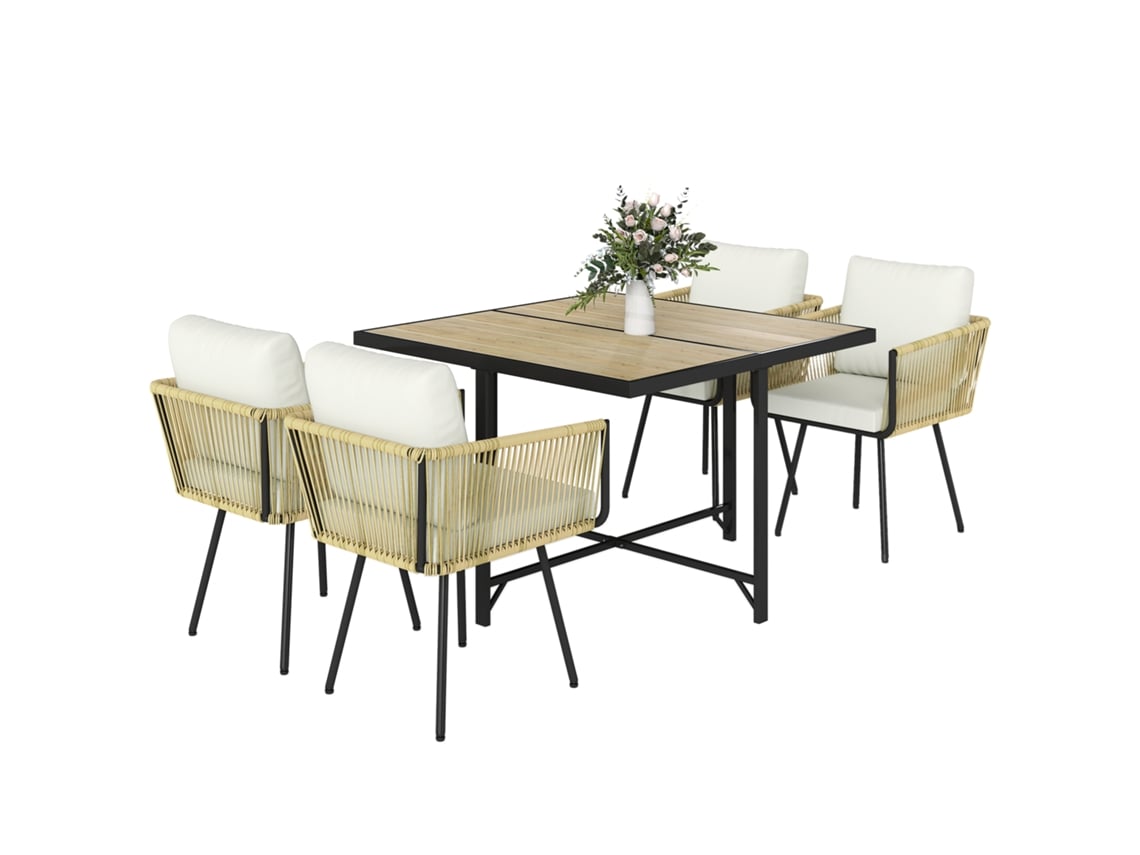 Conjunto de mesa e cadeiras de jardim 5 peças em rattan, mesa de madeira plástica, 4 cadeiras com almofadas removíveis, bege QINGYU TECH