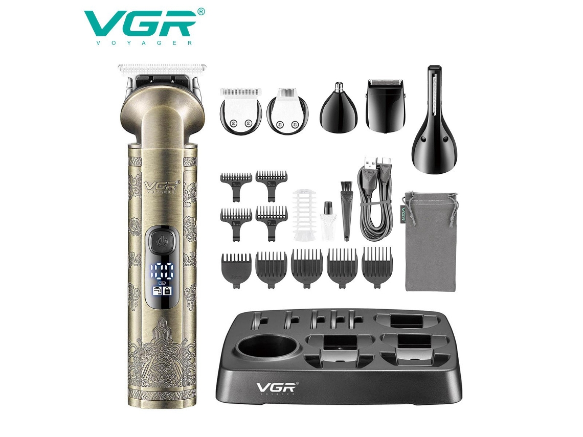 Máquina de Cortar Cabelo Elétrica com Visor Digital, Cabeça para Pomada, Conjunto 6 em 1 com Aparador de Pelos do Nariz e Costeletas Gravado. MDUG