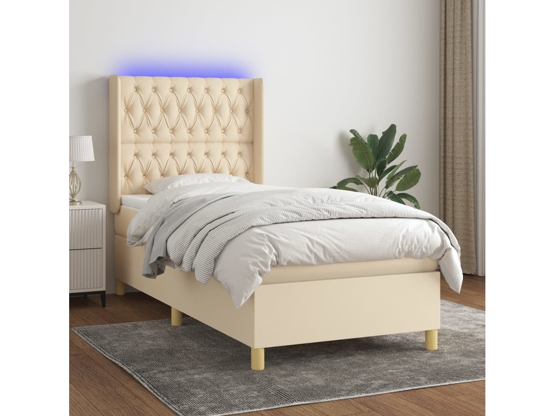 Cama Box Spring C/ Colchão E Led 90x200 Cm Tecido Cor Creme