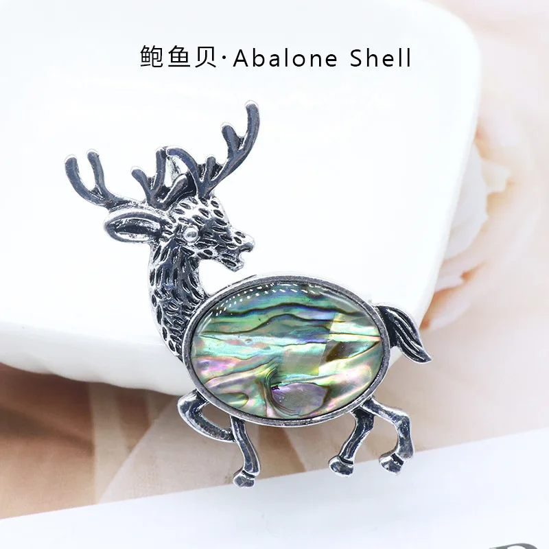 Colar Com Pingente De Rena, Animal Da Floresta Em Estilo Vintage (concha De Abalone), Broche De Lapela Em Pedra Preciosa Natural.
