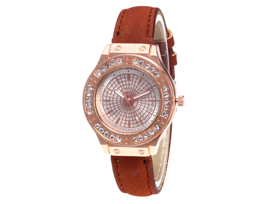 Relógio de Pulso Feminino de Quartzo com Pulseira de Couro Pu e Diamantes Decoração Café