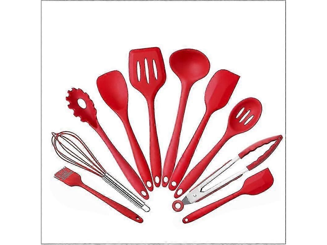 Kit De Espátulas De Silicone Com 10 Peças: Pinças, Batedor, Escovas, Raspeadores, Cernidor E Colheres Para Cozinha Vermelho