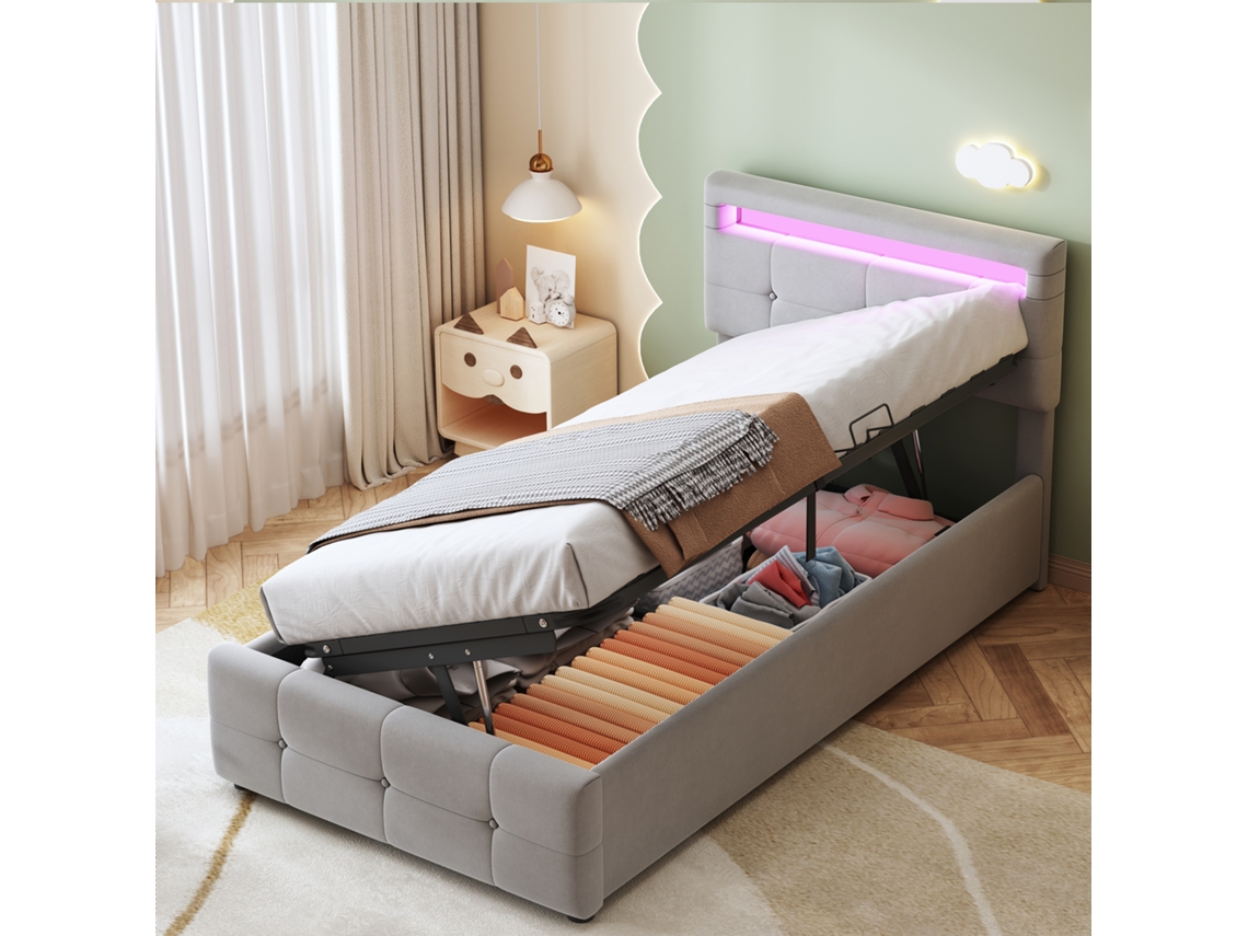 Cama Infantil 90x200 Cm Led Armário Hidráulico Cabeceira Ajustável Cinza