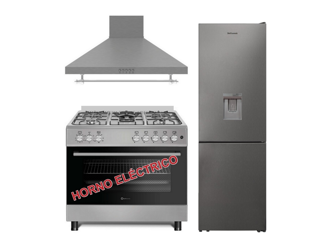 Pack Combo Fogão Solthermic F9l50e5i Inox Panoramica Forno Electrico Exaustor 90 Inox Frigo Combi 1,85 Inox No Frost Con Dispensador Agua