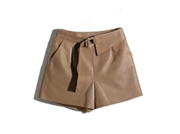 Shorts De Couro De Carneiro Genuíno Alto Cintura Feminino Preto Com Bolso Lateral E Cinto 3 Polegadas Café