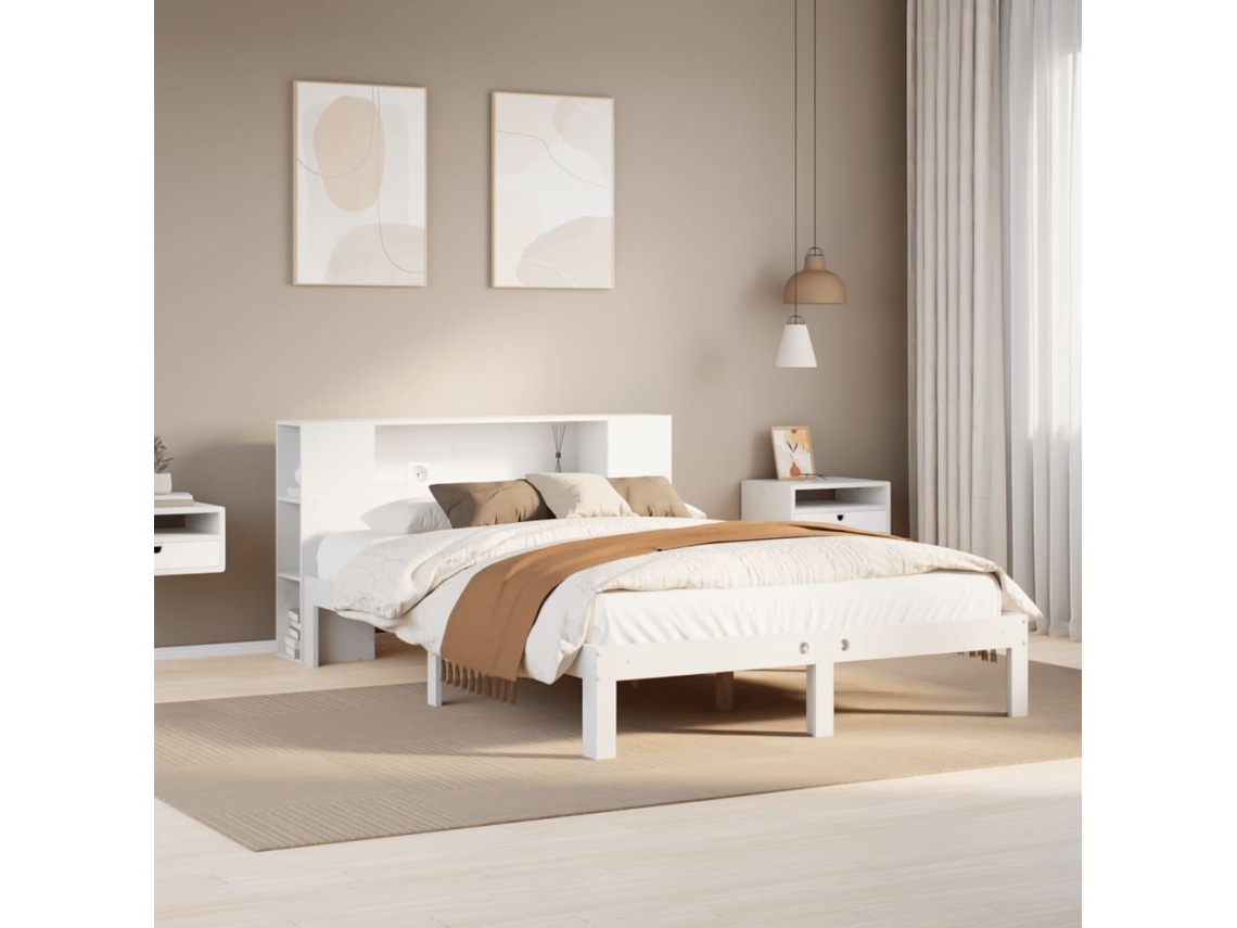 Vidaxl Cama Com Estante Sem Colchão 150x200 Cm Pinho Maciço Branco