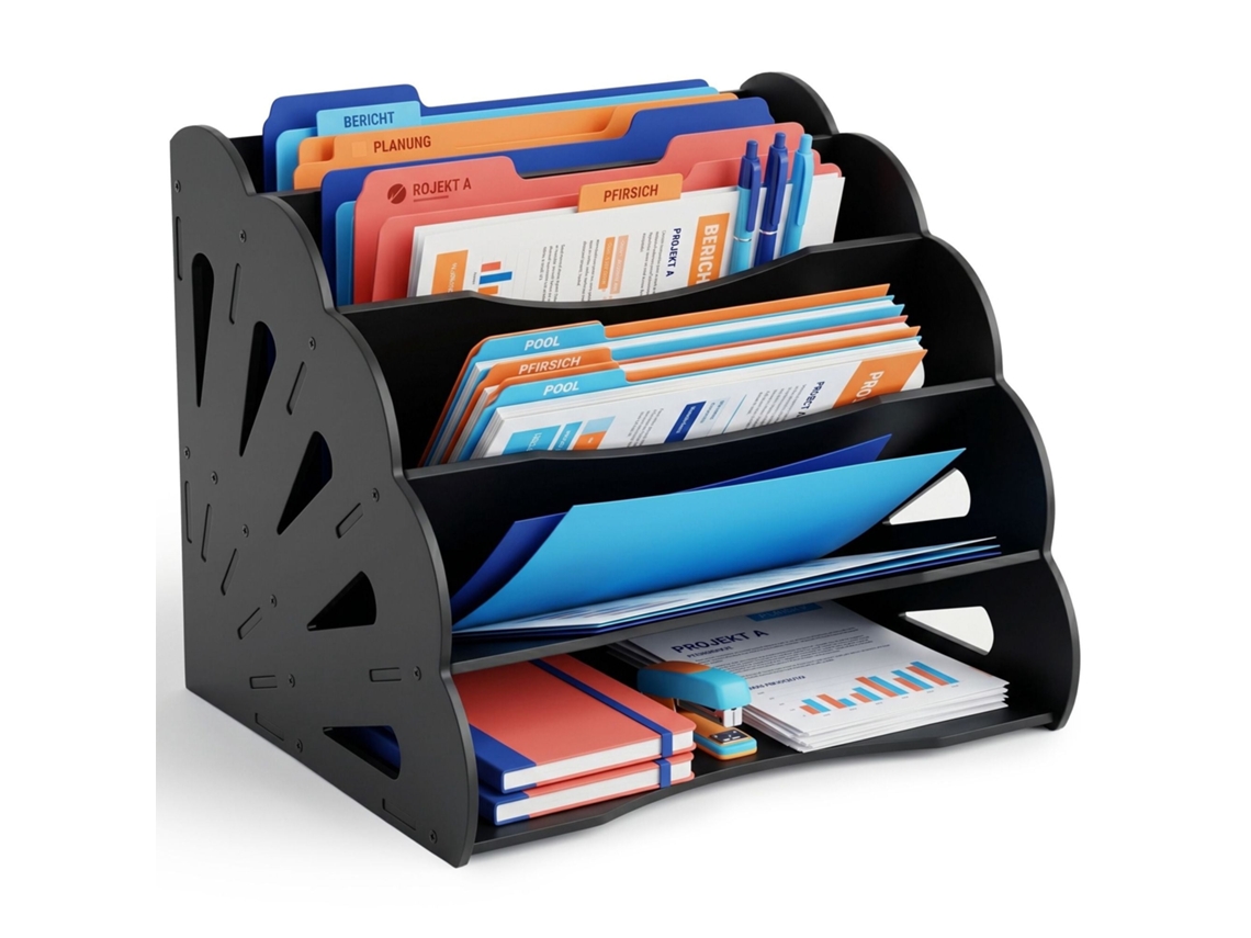 Organizador De Mesa A4 Em Mdf Com 5 Compartimentos, Preto