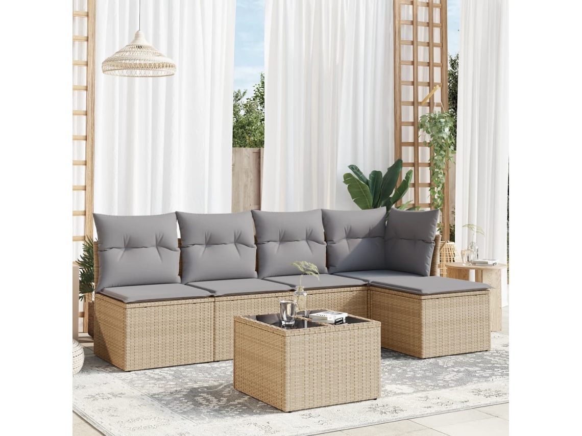 6 Pcs Conjunto De Sofás P/ Jardim Com Almofadões Vime Pe Bege Lovely Home
