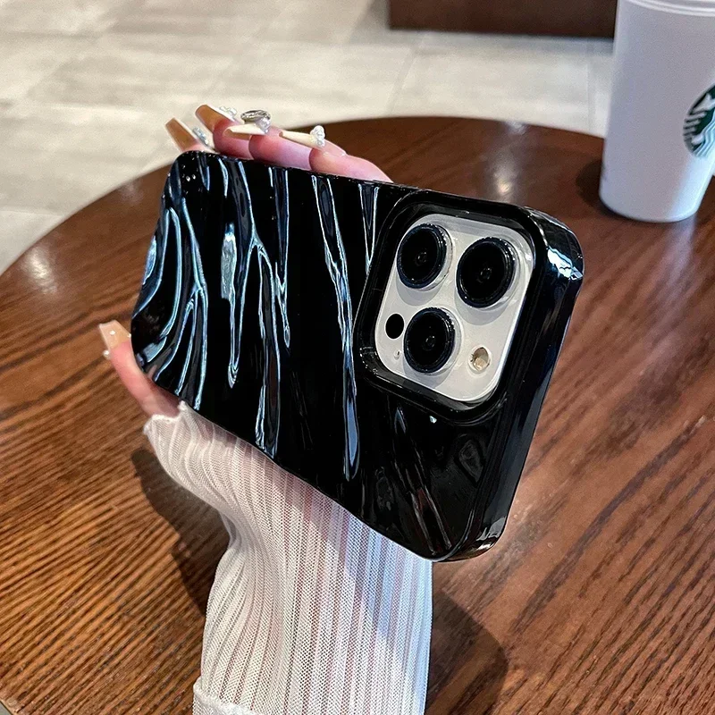 Capa Para Iphone 16 Plus Preta Em Tpu Com Textura Ondulada De Seda 6d, Capa Protetora Macia E Resistente A Impactos