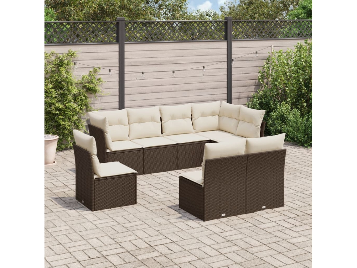 Vidaxl 8 Pcs Conjunto Sofás De Jardim C/ Almofadões Vime Pe Castanho