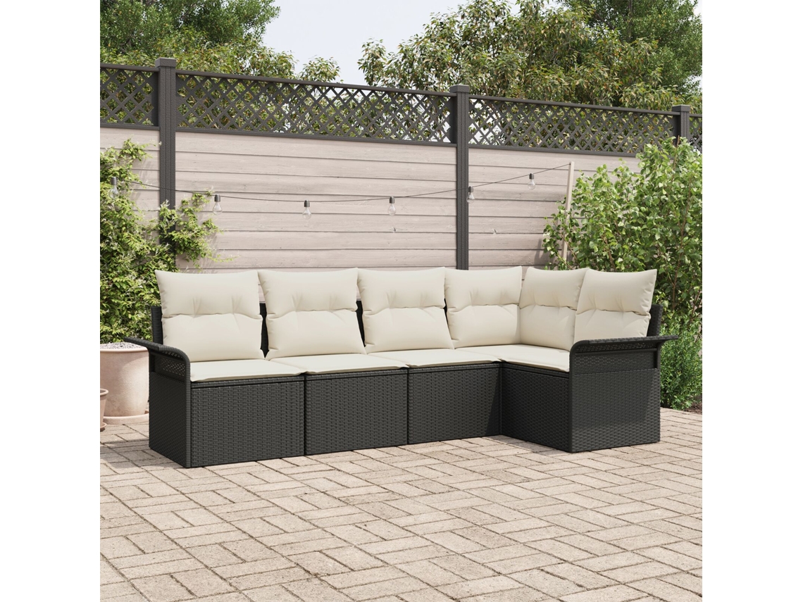 Conjunto De Sofás De Jardim De 5 Peças Com Almofadas Preto Vime Poliéster Lovely Home