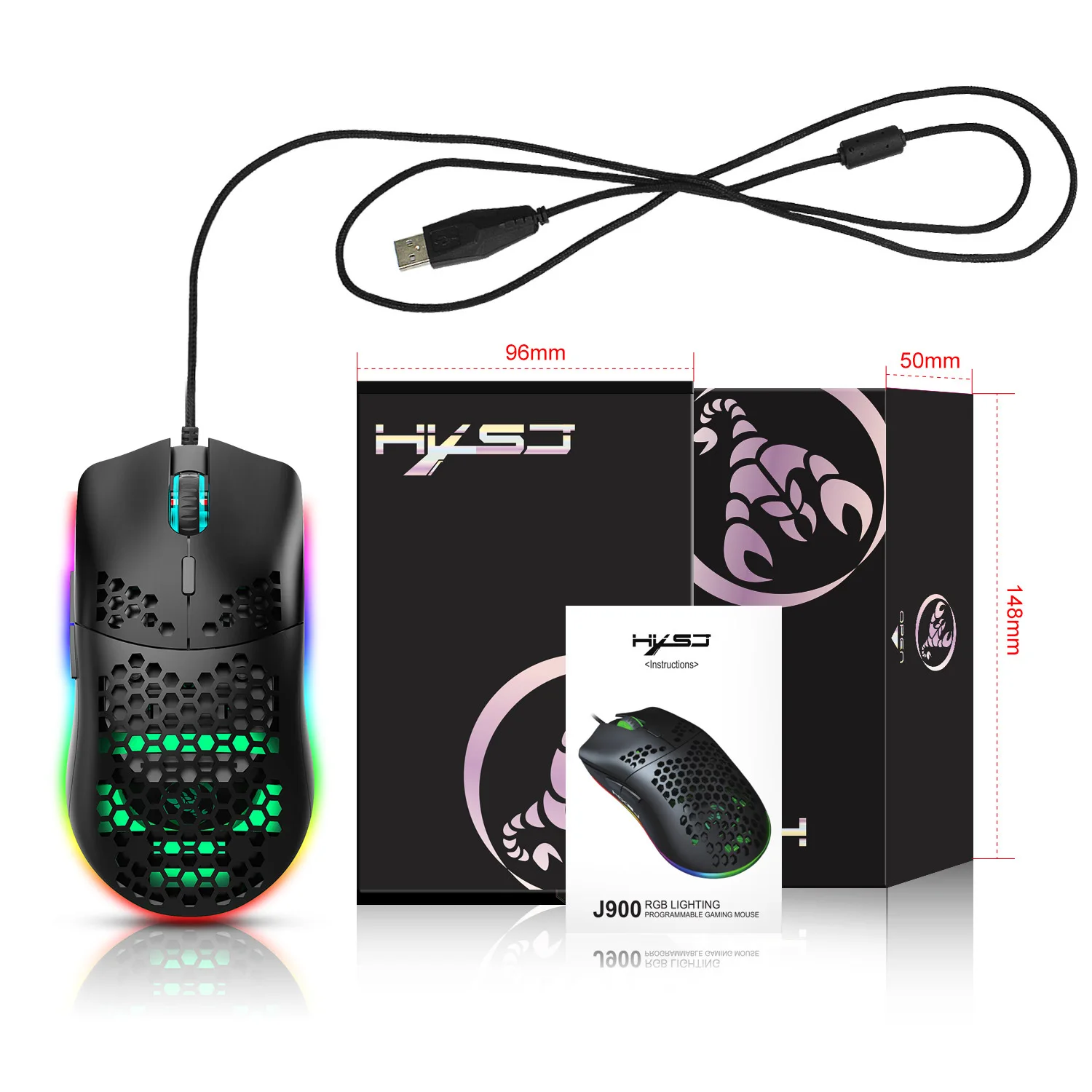 Mouse Com Estrutura Em Favo De Mel Branco (preto), 6 Botões Programáveis, Leve E Portátil.