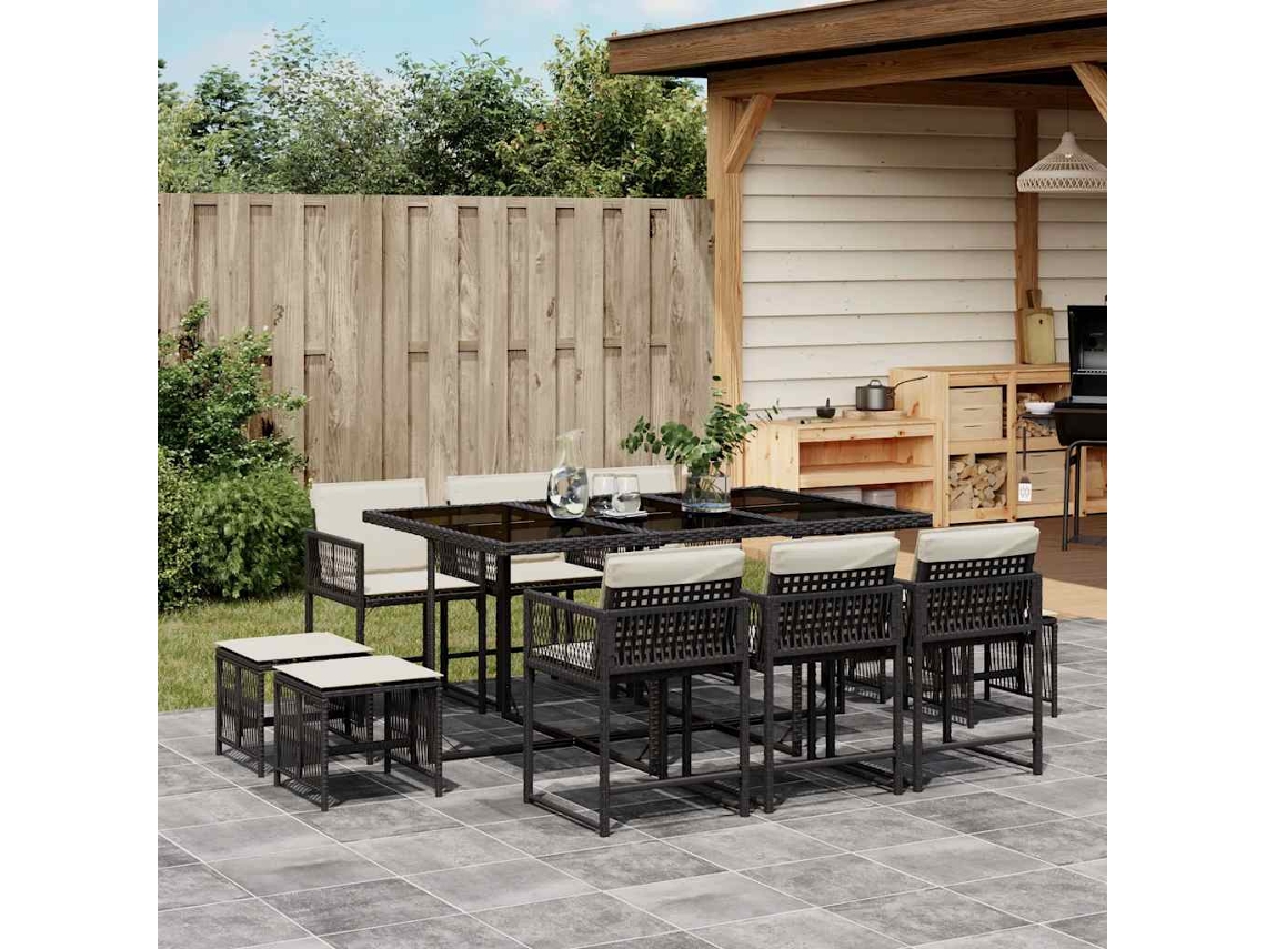 Vidaxl 11 Pcs Conjunto de Jantar P/ Jardim C/ Almofadões Vime Pe Preto