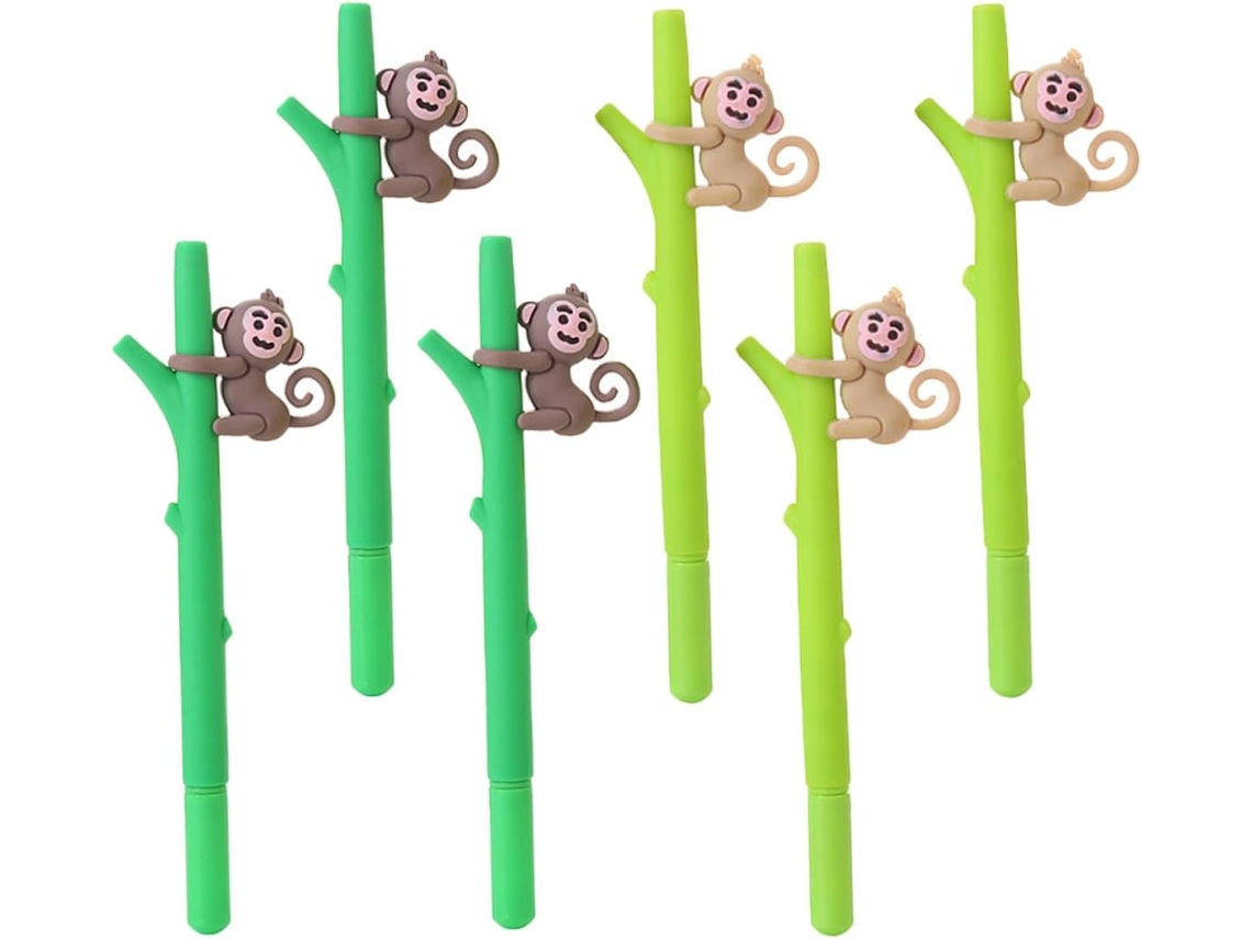 Conjunto De 6 Canetas Gel Retráteis Com Estampas Fofas Macacos, Feitas