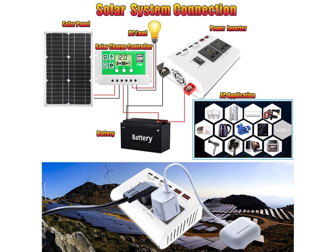 Inversor de 12V para 220V 4000W, Conversor de Energia Solar para Carro, Display Duplo LCD, 4 USBs 4.2A, Carregamento Rápido com Tensão Interna, LCD Ecrã