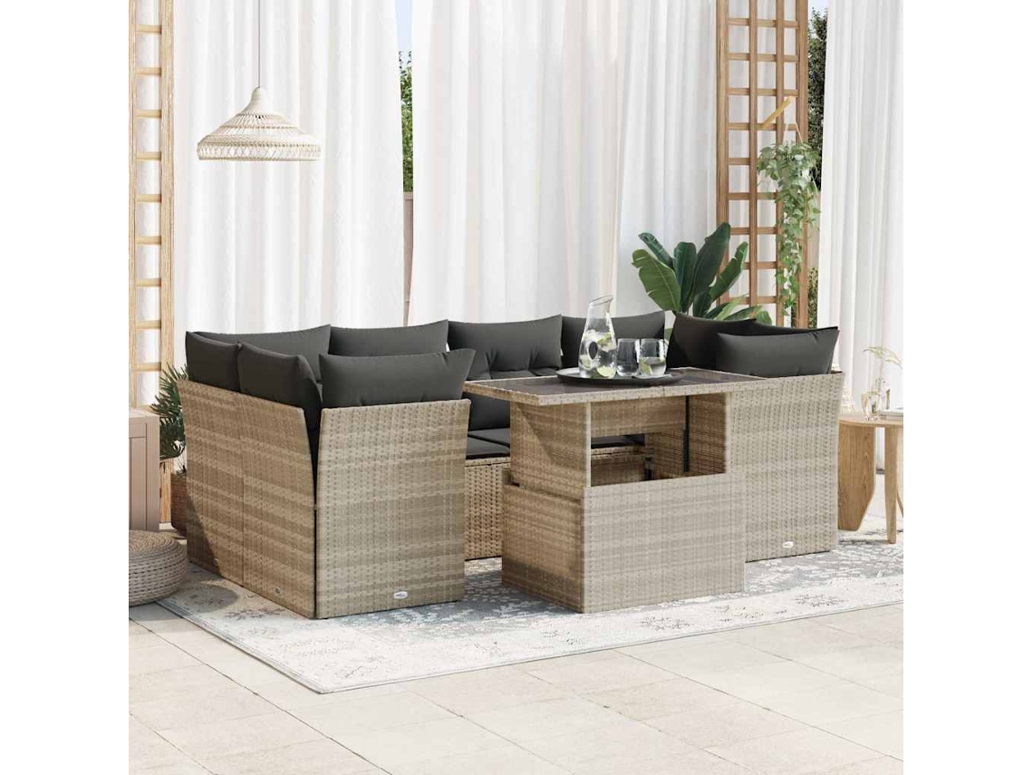 Vidaxl 7 Pcs Conj. Sofás Jardim Com Almofadões Vime Pe Cinzento-claro