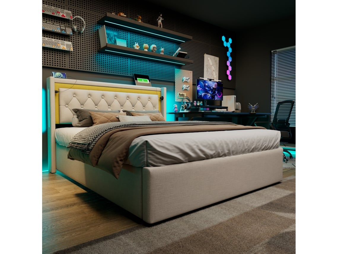 Cama Com Baú 140x200 Cm Em Algodão Com Led E Portas Usb Com Estrado De Ripas Bege Estilo