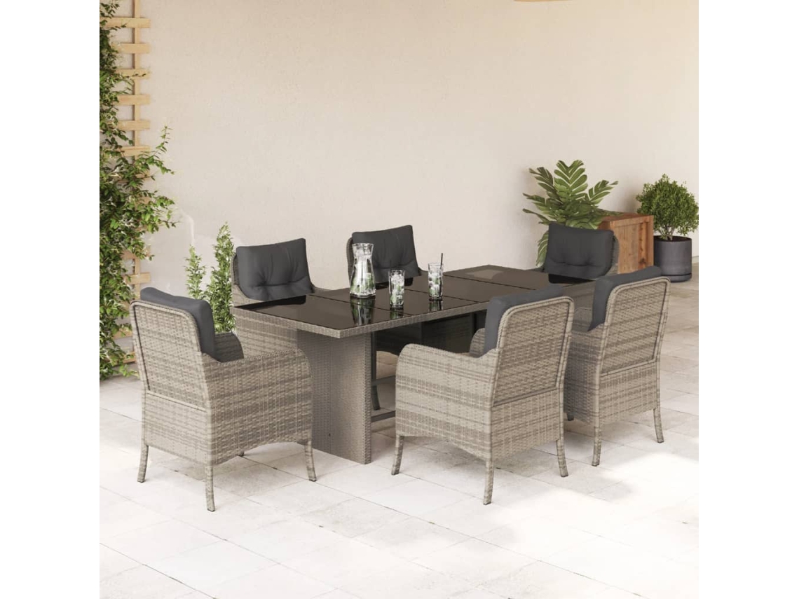 Vidaxl 7 Pcs Conj. Jantar P/ Jardim C/ Almofadões Vime Pe Cinza-claro