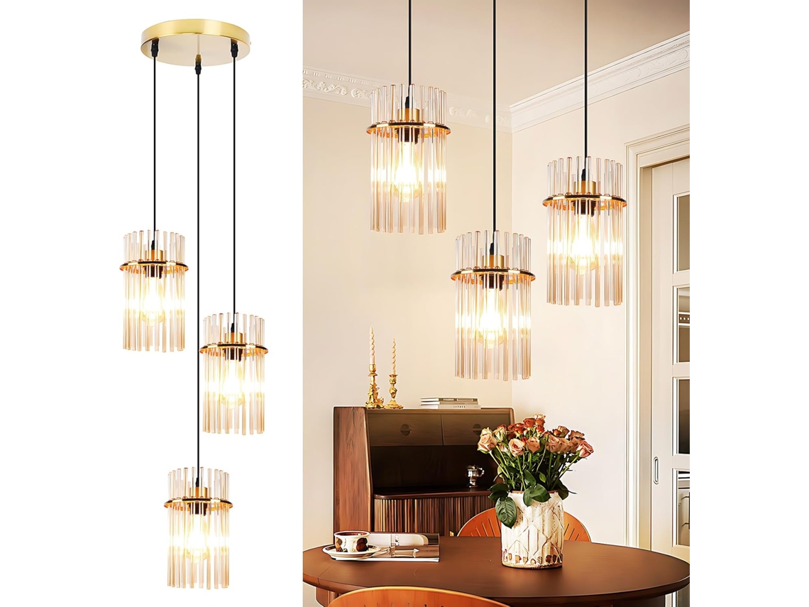 Lustre Vintage 3 Braços Em Vidro Dourado E27 Zmh (sem Lâmpada)