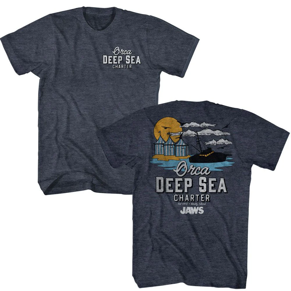 Unisex Adult T-shirt Rockinstone Jaws Movie Orca Charters Illustrated Heather Navy Sizes