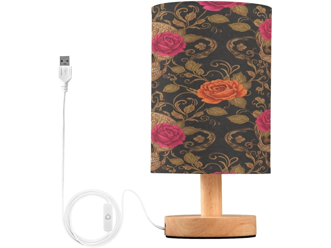 Abajur De Cabeceira Led Em Formato Caveira E Rosa Para Quarto, Luminária De Leitura Com Portas Usb E Cúpula Tecido Para
