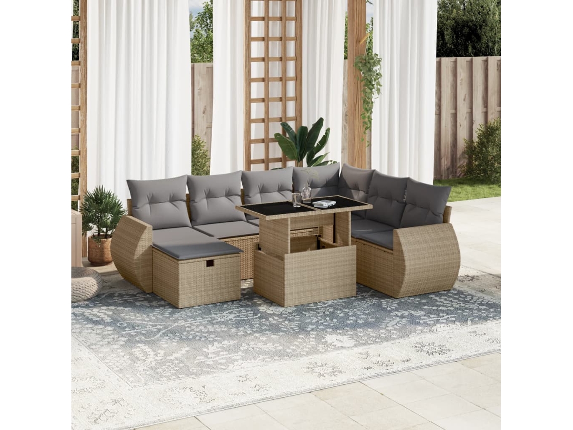 Vidaxl 8 Pcs Conjunto De Sofás P/ Jardim Com Almofadões Vime Pe Bege