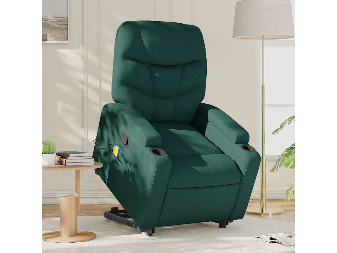 Vidaxl Poltrona Reclinável Elevatória De Massagens Tecido Verde-escuro