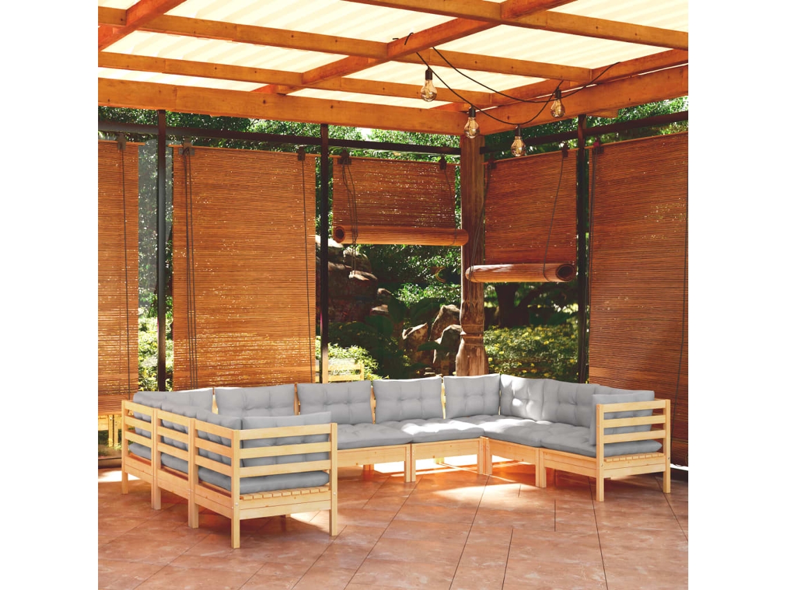 Vidaxl 9 Pcs Conjunto Lounge De Jardim C/ Almofadões Cinzentos Pinho