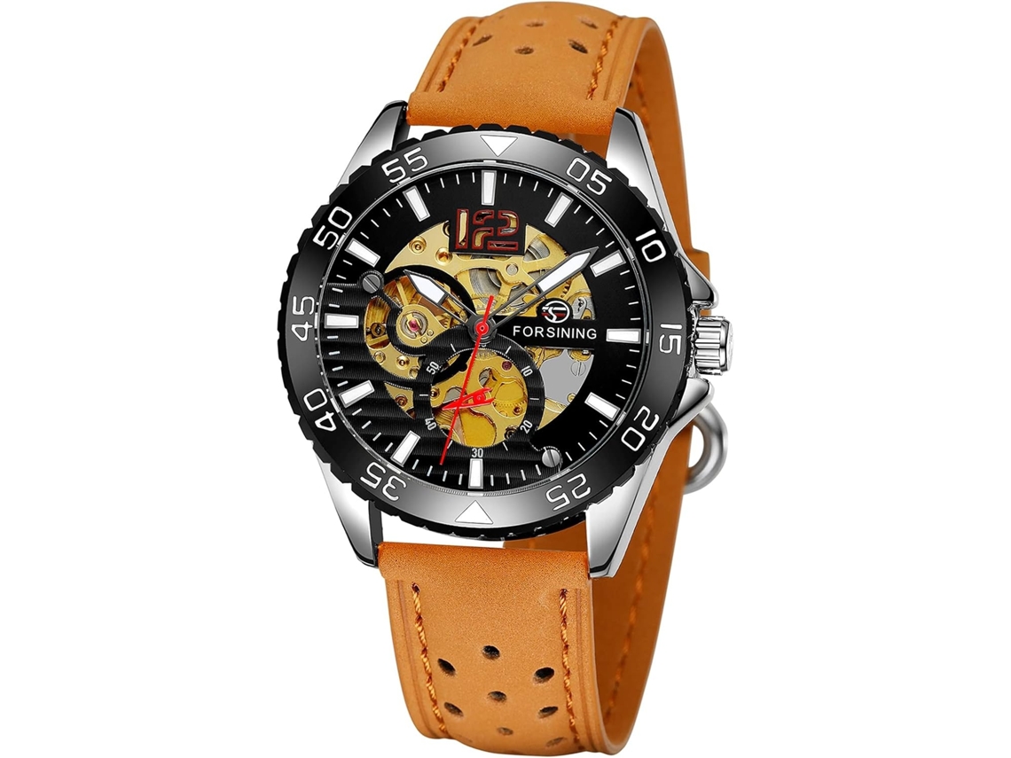 Lurelia Relógio Mecânico Masculino, Automático, Mostrador Esqueleto, Turbilhão, Couro, Pele, Dourado