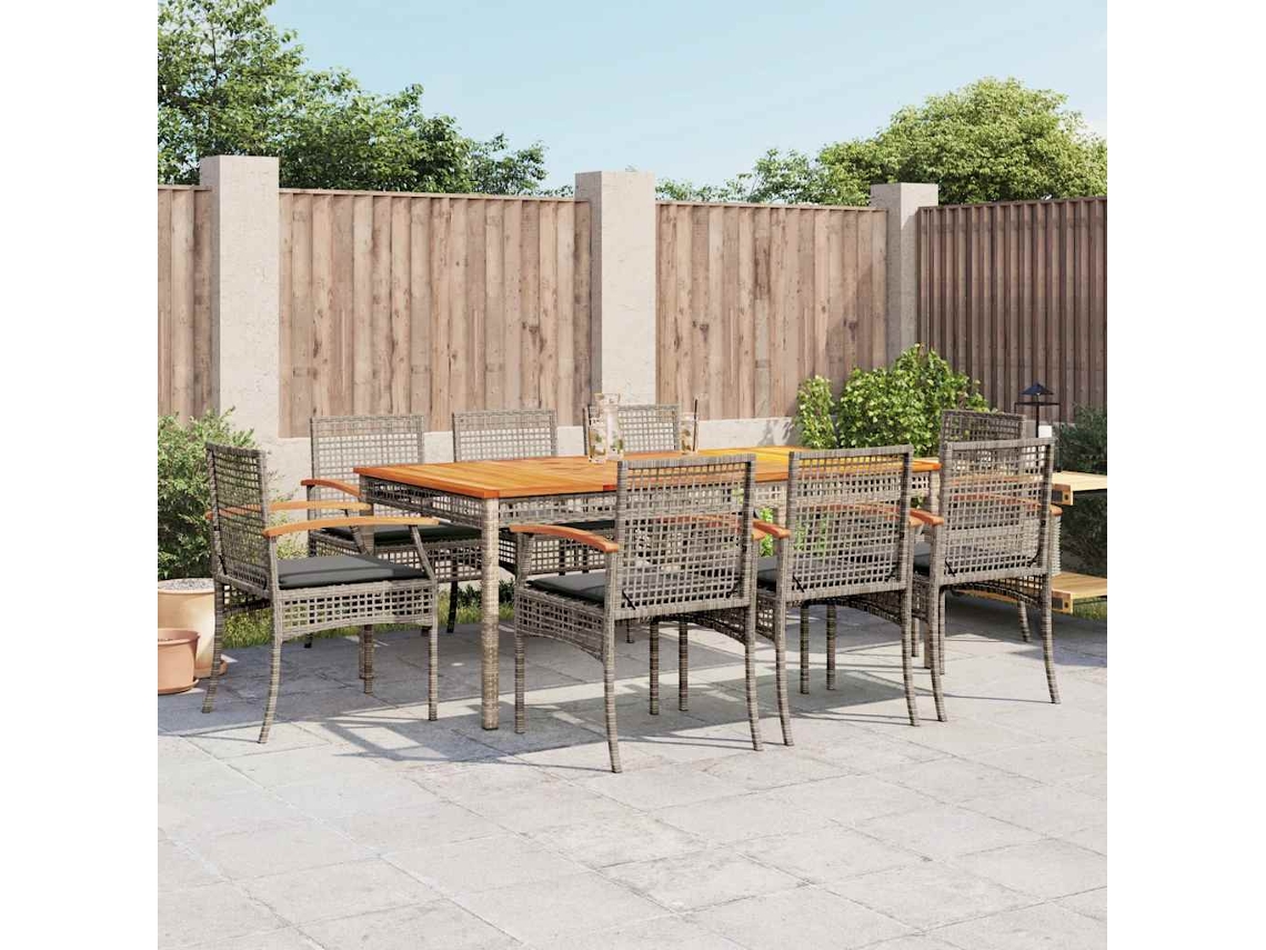 Vidaxl 9 Pcs Conjunto De Jantar P/ Jardim C/ Almofadões Vime Pe Cinza