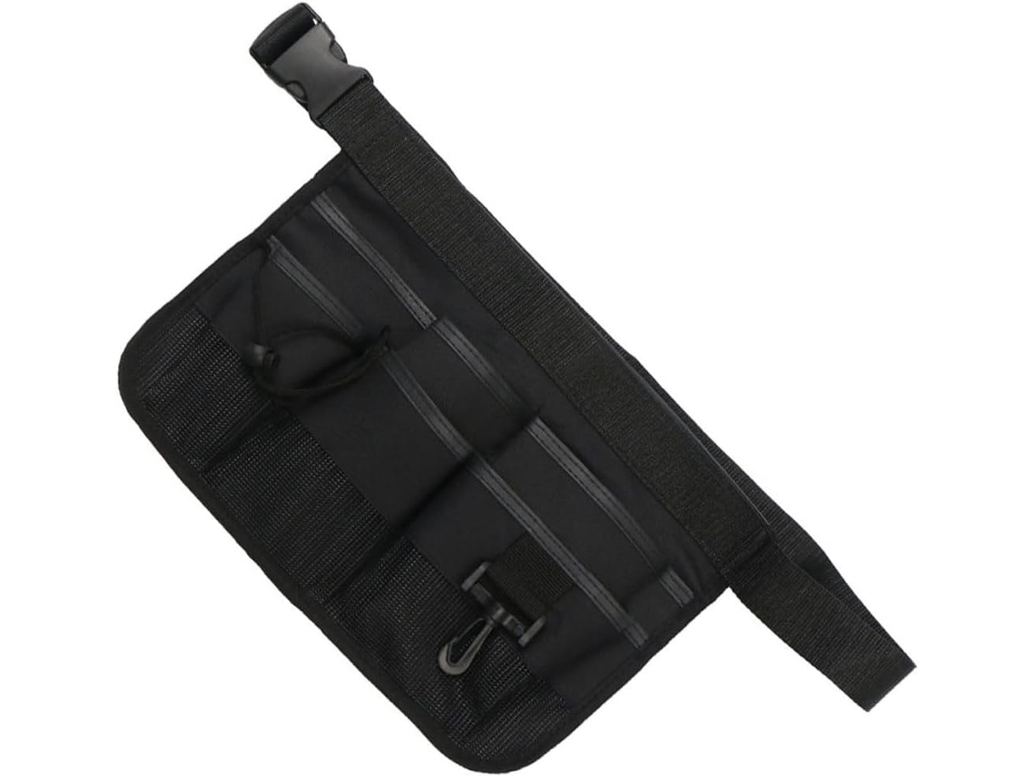 Cinto organizador portátil para ferramentas de jardinagem, em tecido Oxford leve, ajustável e com diversos compartimentos profundos.