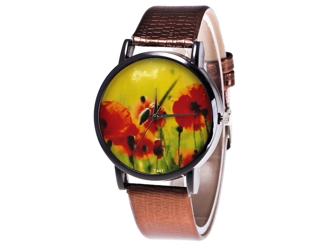 Relógio de quartzo com pulseira de couro PU, mostrador redondo moderno para casais, cor marrom.