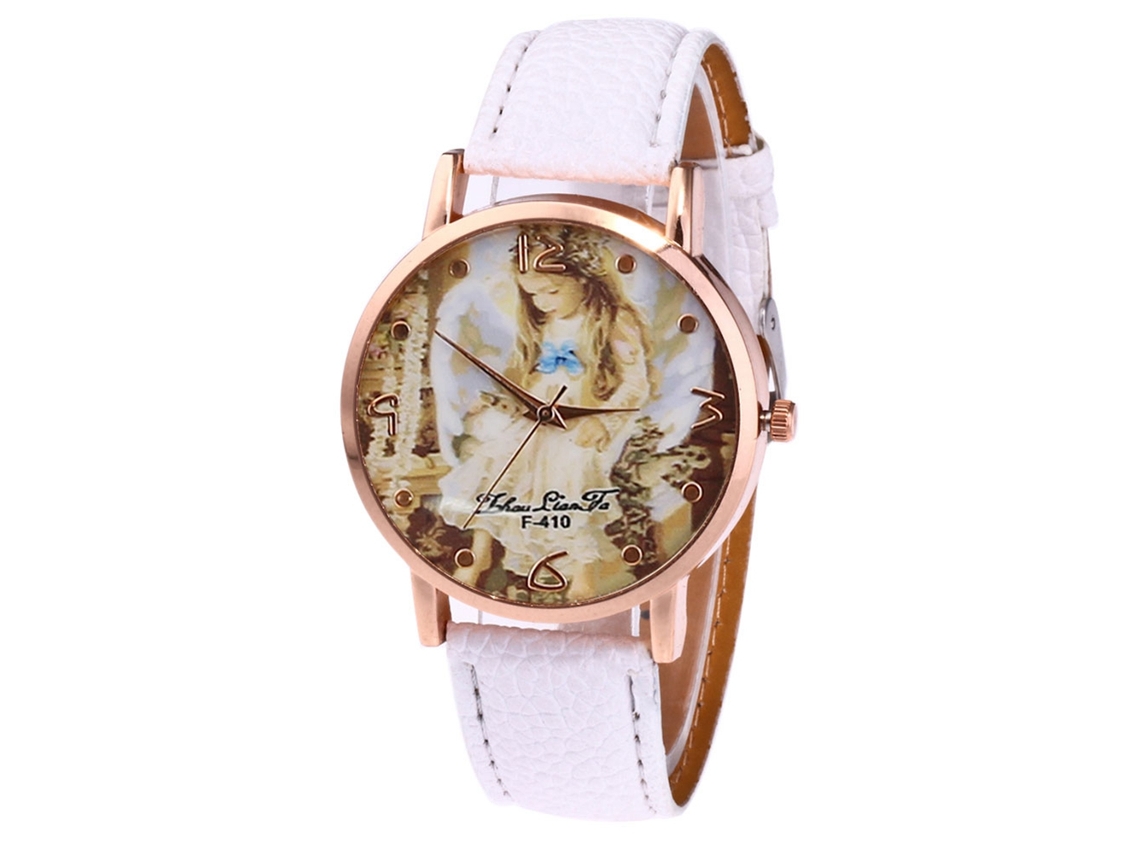 Relógio de Pulso Unissex de Quartzo com Pulseira de Couro Pu Padrão Anjo Branco