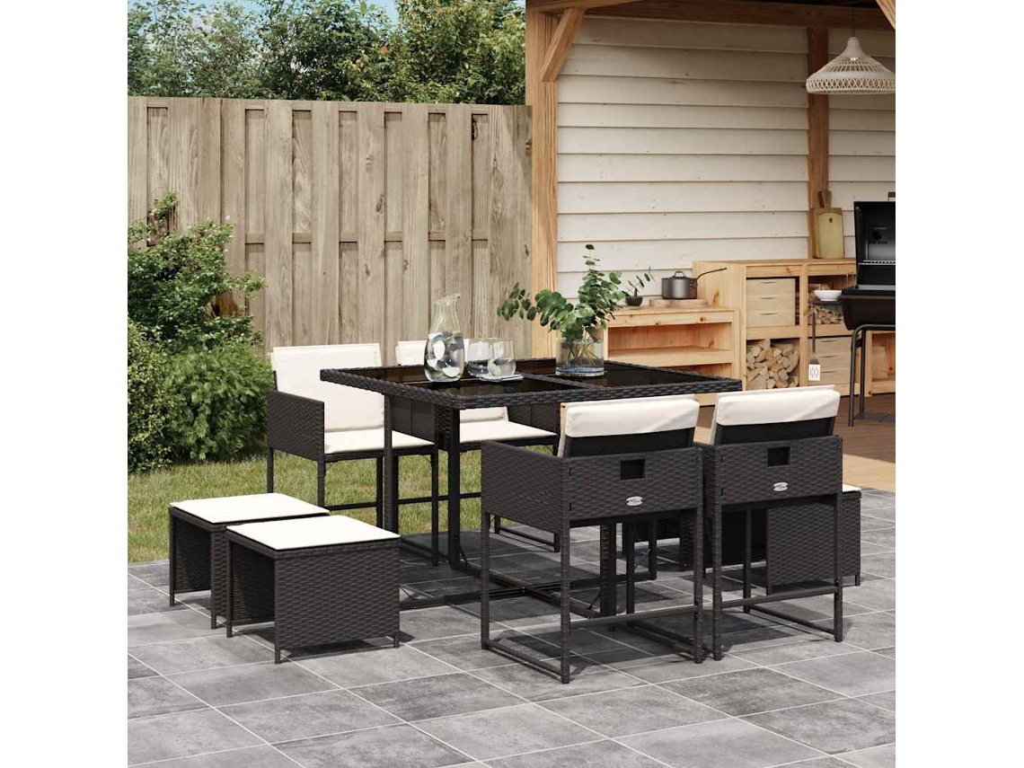Vidaxl 9 Pcs Conjunto De Jantar P/ Jardim C/ Almofadões Vime Pe Preto