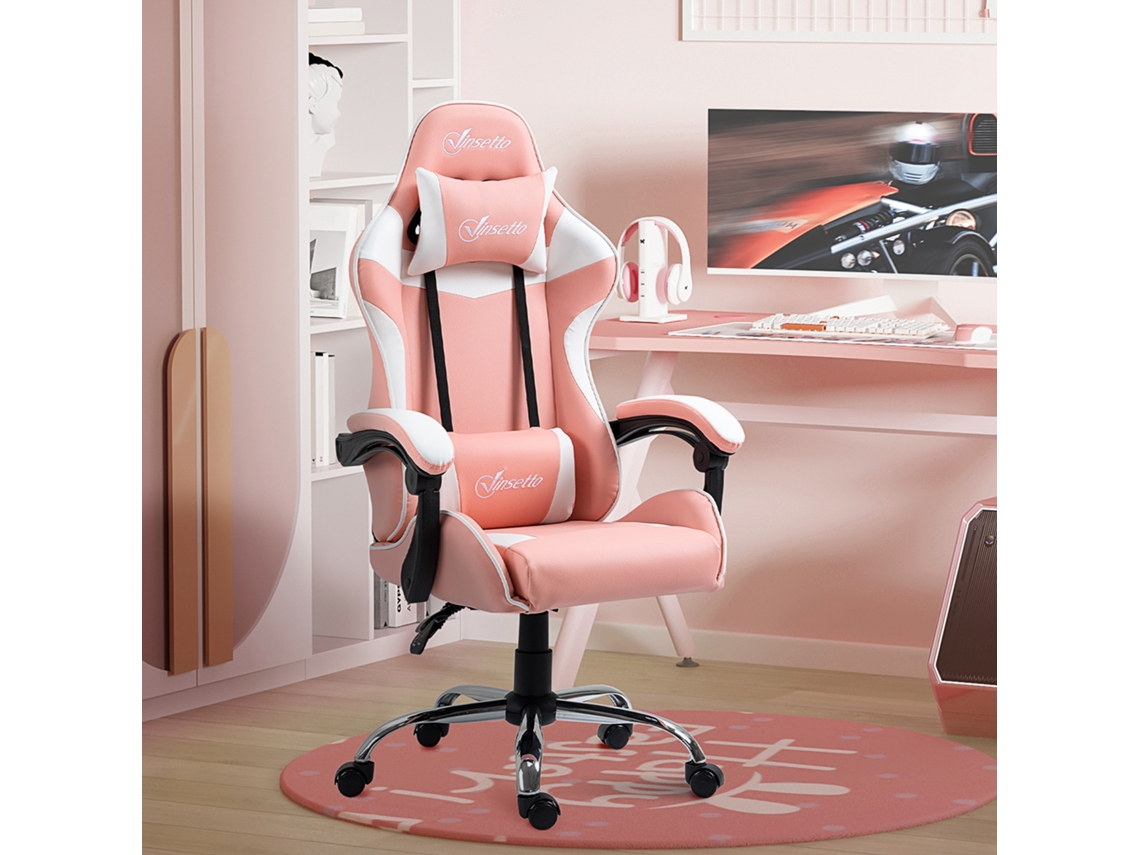 Cadeira De Jogos Reclinável Com Assento, Cabeça E Almofada Lombar, 63x67x122-130 Cm, Rosa