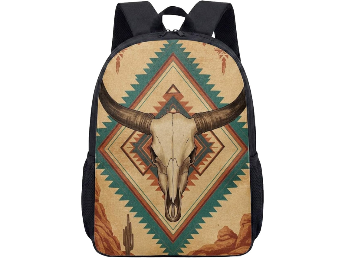 Mochila Estilo Faroeste Com Estampa Geométrica Caveira Cowboy, Touro, Cacto Ferradura, 43,2 Cm, Escolar