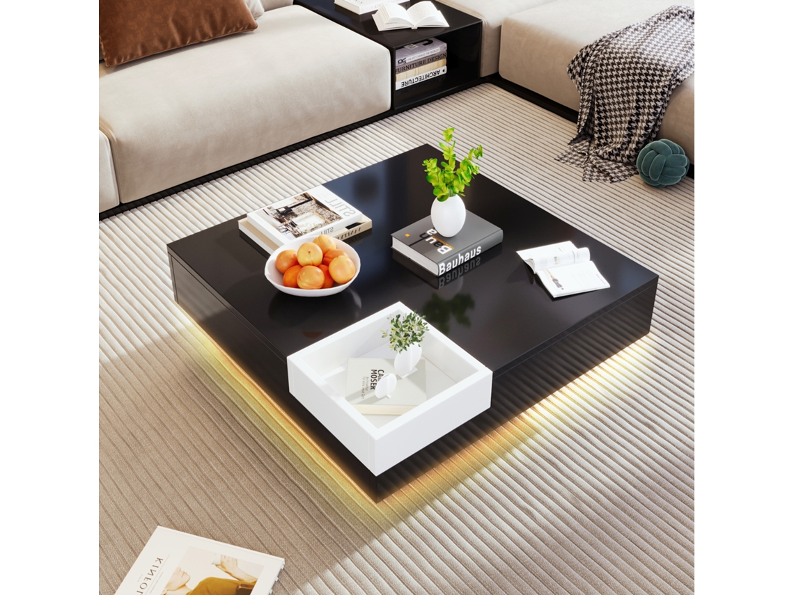 Mesa Centro Sala, Tampo Alto Brilho, Lateral C/ Caixa Organizadora Removível, Blocos Branco/preto, 72x72x30 Cm, Led.
