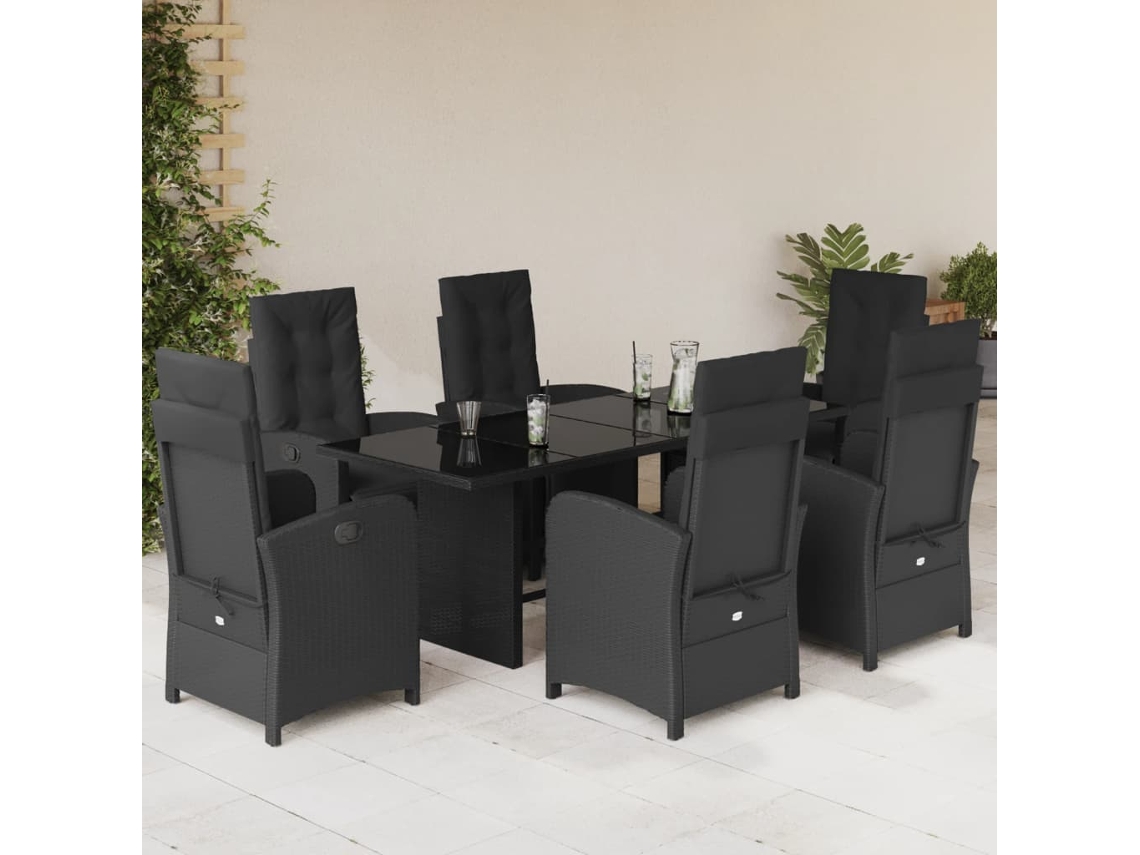 Conjunto 7 Peças Jantar P/ Jardim C/ Almofadões Vime Pe Preto Dkd Home Decor