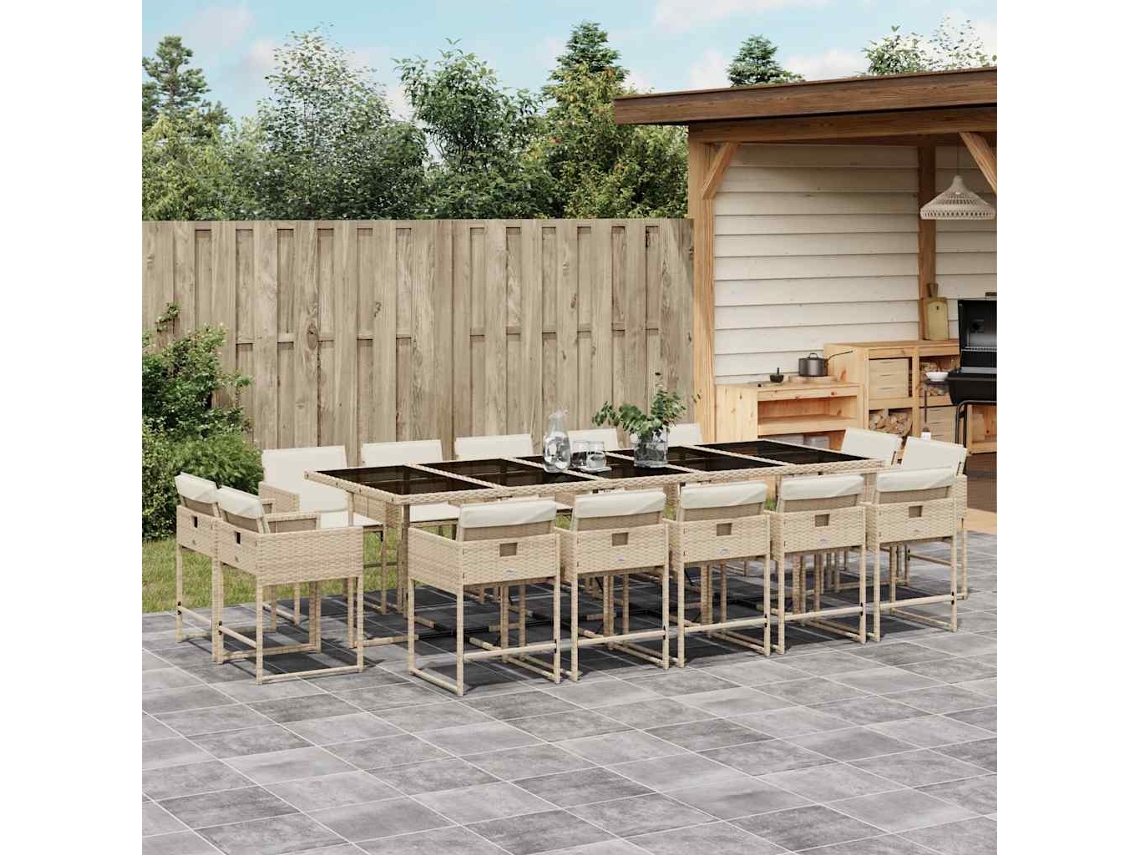 Vidaxl 15 Pcs Conjunto De Jantar P/ Jardim Com Almofadões Vime Pe Bege