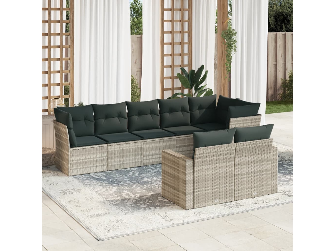 Vidaxl 8 Pcs Conj. Sofás Jardim C/ Almofadões Vime Pe Cinzento-claro