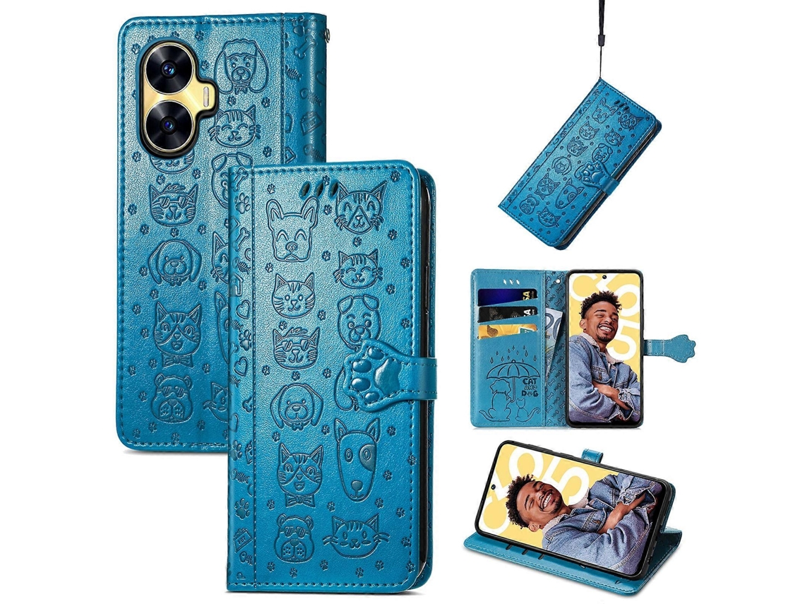 Capa De Couro Com Estampa De Gato E Cachorro Para Realme C55
