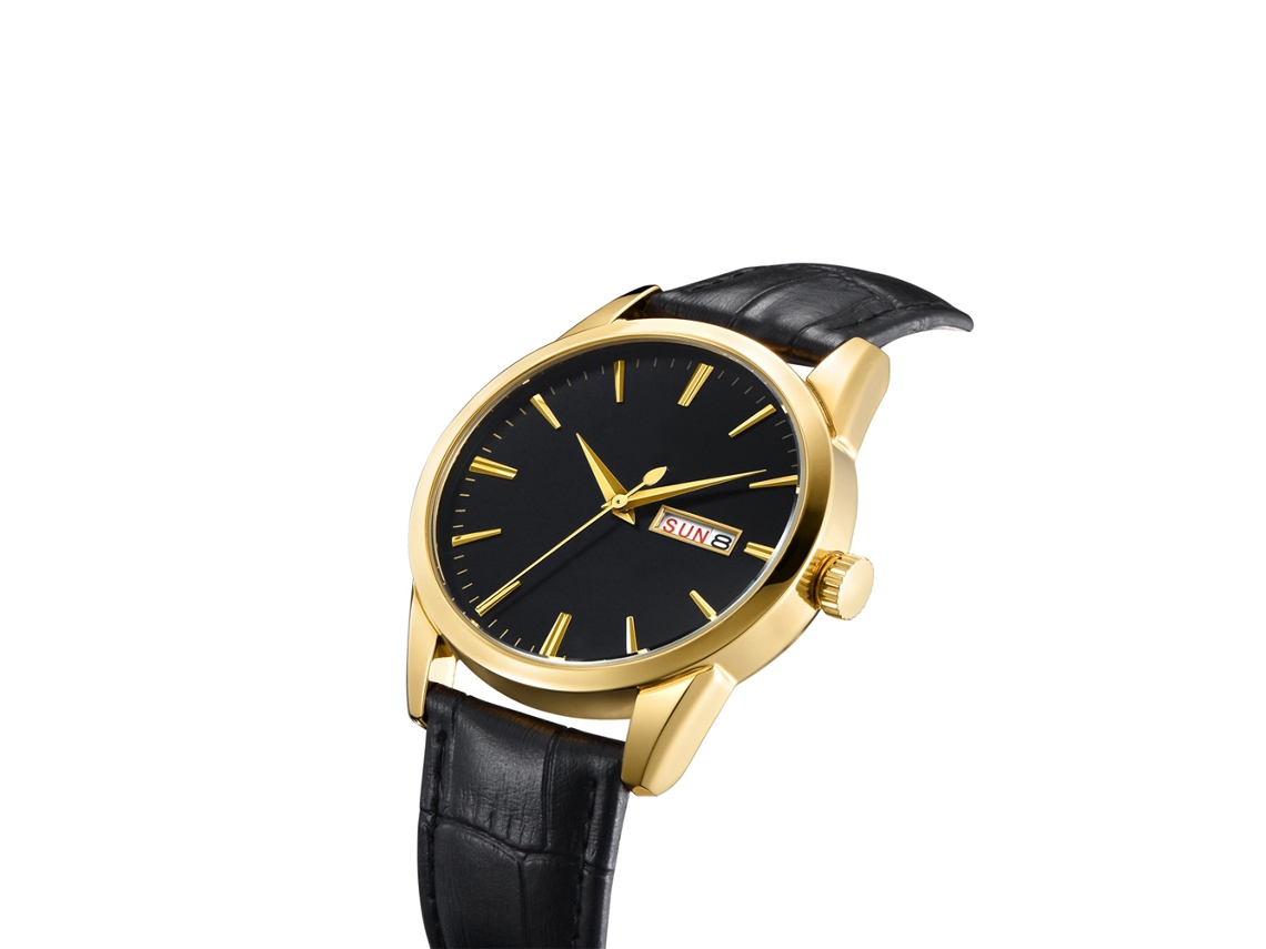 Relógio de pulso masculino à prova d'água com movimento de quartzo e pulseira de couro sintético (caixa dourada, pulseira preta)
