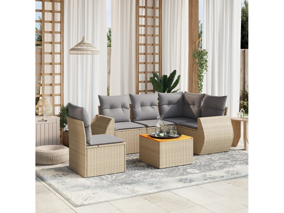 6 Pcs Conjunto De Sofás P/ Jardim Com Almofadões Vime Pe Bege Dkd Home Decor