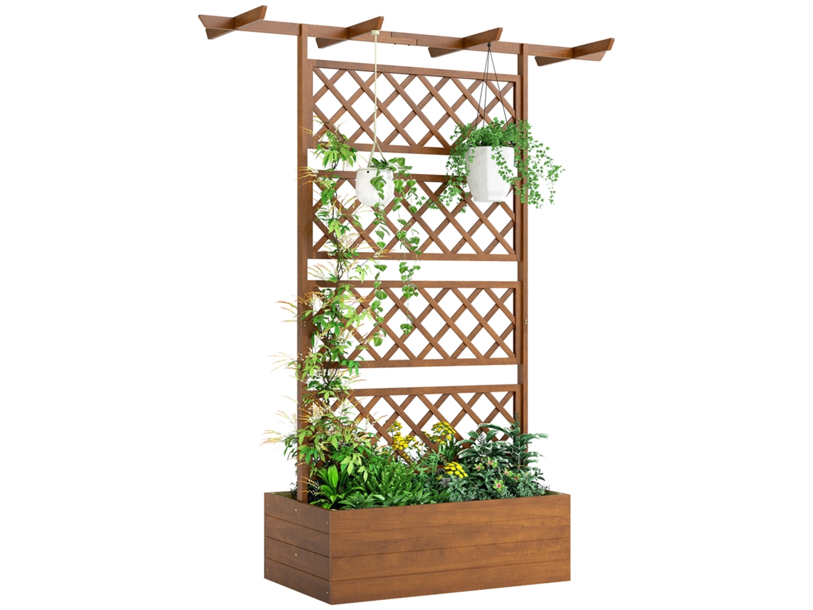 Jardineira Elevada com Treliça e Barras de Cobertura, Floreira com Orifícios de Drenagem, Tecido Não Tecido com Efeito de Madeira Natural. CHEZMOI
