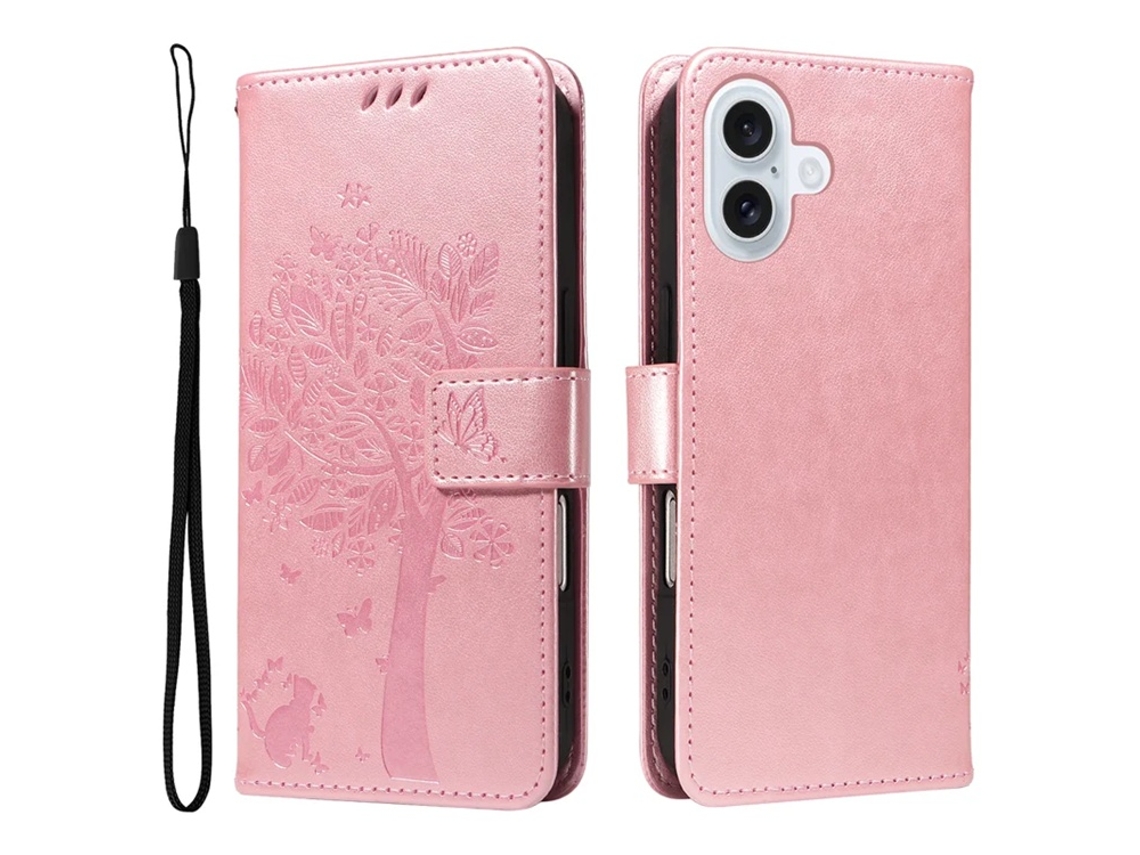 Capa Carteira Em Couro Sintético Com Estampa De Árvore Para Iphone 17 - Ouro Rosa