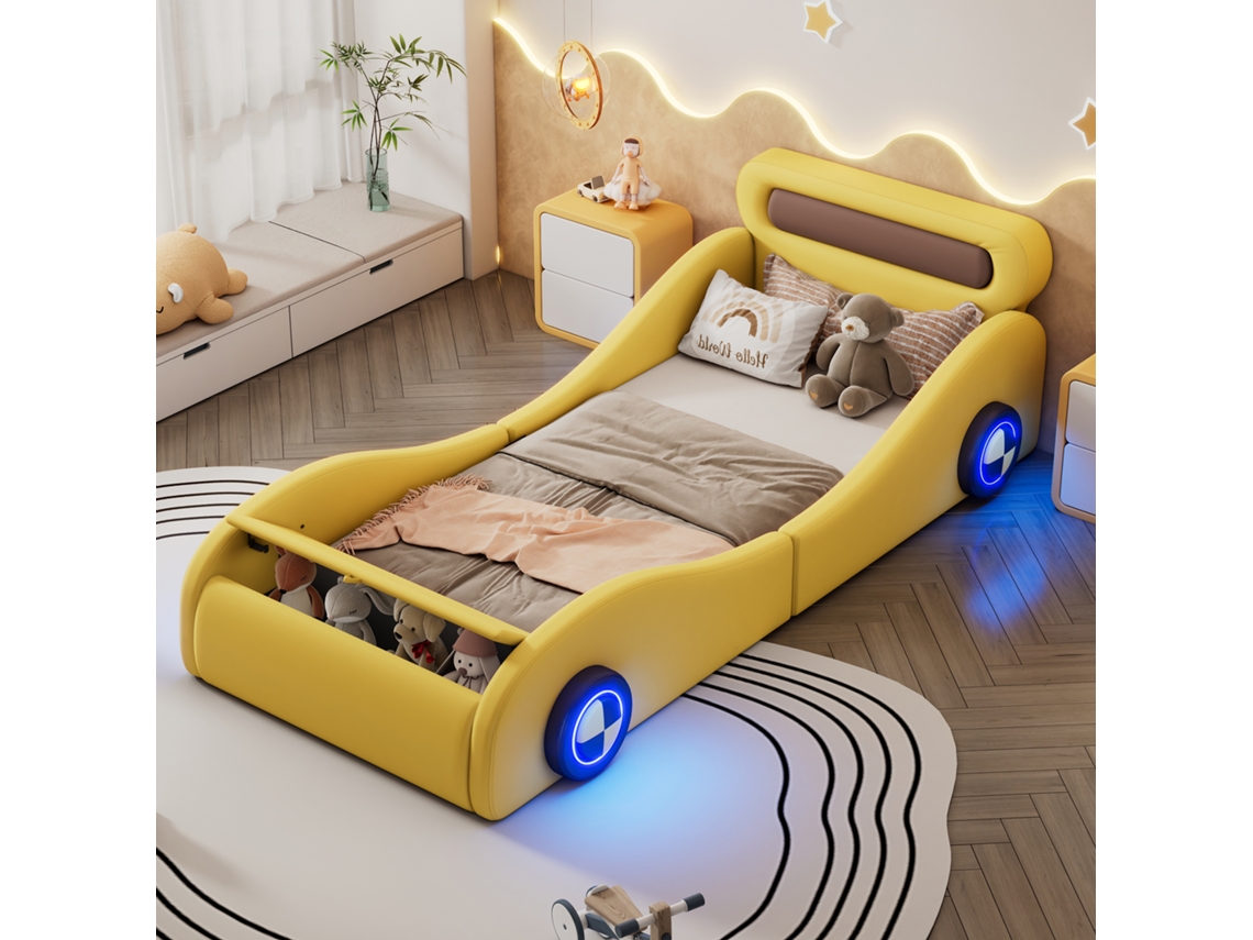 Cama infantil carro 90x200 cm em PU, rodas com LED, arrumação, design automóvel amarelo, sem colchão VSOGA